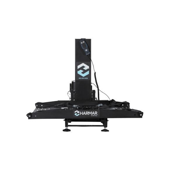Harmar AL600 vehicle lift, front view with the Harmar logo
