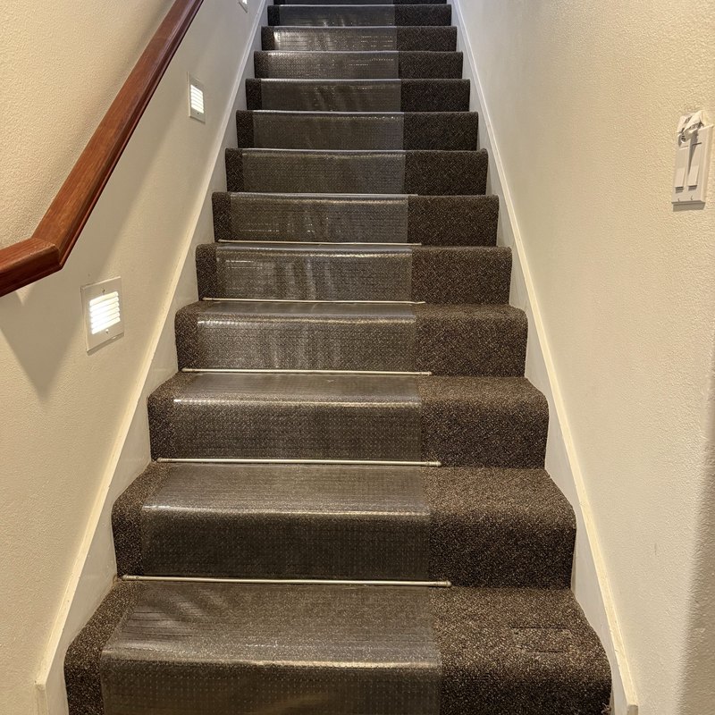Carpeted staircase with a wood handrail and no stair lift on it